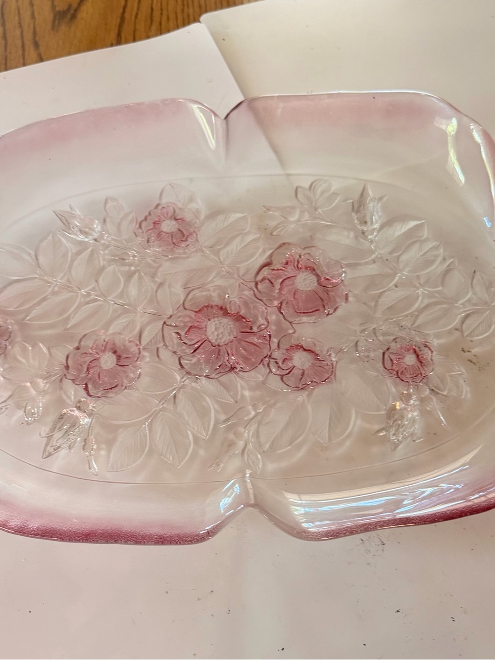 Vintage Mikasa Oval Pink Floral Glass Serving Platter
